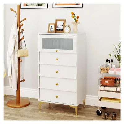 Produktbild von Kommode mit 4 Schubladen und hochklappbarer Glastür, Aufbewahrungsschrank aus Holz mit Metallbeinen, freistehender Bodenschrank mit Kippschutz, Beistellschrank für das moderne Wohnzimmer
