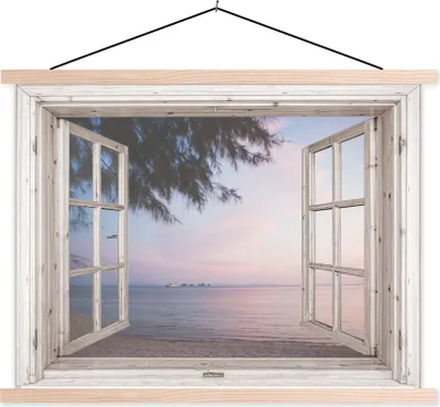 Produktbild von MuchoWow® Textilposter Aussicht - Strand - Palme 120x90 cm mit holzfarbenen Rahmen - Magnetisch