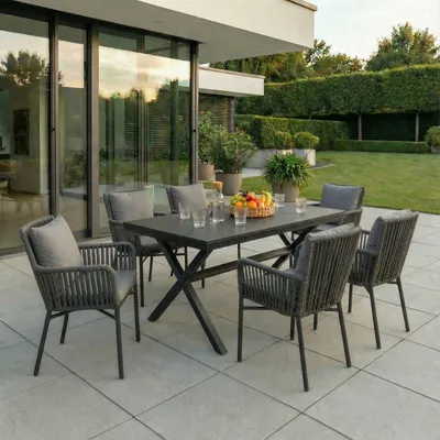 Produktbild von Gartenmöbel Set AFUERA aus Alu und Rope, moderne Outdoor Sitzgruppe in Holzoptik und Rope in schwarz und anthrazit, inkl. Sitzkissen, Terassenmöbel