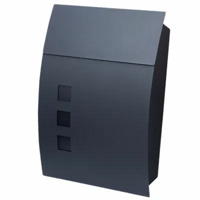 A dark grey mailbox is shown against a white background.