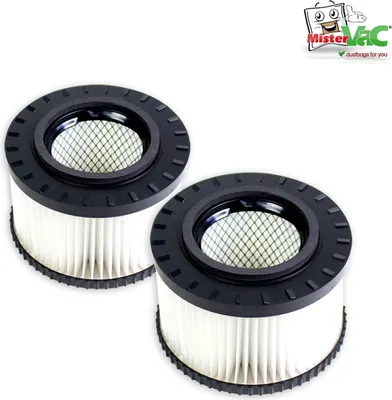Two cylindrical air filters with black rims and white pleated filter material are shown against a white background. A logo for 'MisterVac' is in the top right corner.