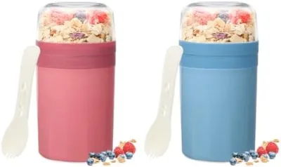 Produktbild von PromoHome® Müslibecher To-Go-Set – 2 wiederverwendbare Lunchboxen mit 3 Fächern, Löffel und Soßendose – auslaufsicherer Joghurtbecher für