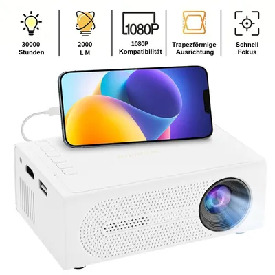 A white mini projector with a smartphone placed on top, displaying a colorful abstract image. The top of the image features icons and text describing the projector's features.