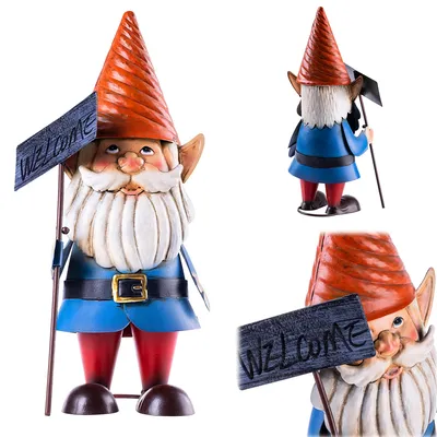 Zdjęcie produktu dla KADAX Krasnal ogrodowy 33 cm z tabliczką „Welcome”, figurka ogrodowa ze stali malowanej proszkowo, metalowe krasnale ogrodowe, figurka dekoracyjna na zewnątrz, figurka dekoracyjna do ogrodu