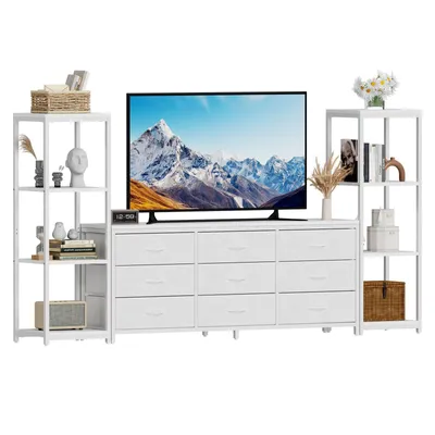 Zdjęcie produktu dla Szafka pod telewizor 65" z 9 szufladami, do 190 cm, Wyposażona w 2 industrialne regały 4-poziomowe, stalową ramę i regulowane półki