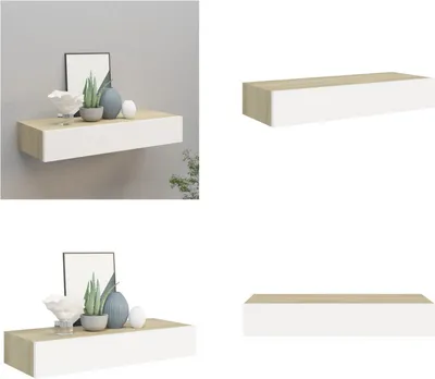 Produktbild von vidaXL Wandregal mit Schublade Eichen Optik und Weiß 60x23,5x10 cm MDF - Schubladenregal - Schubladenregale - Wandregal - Wandregale
