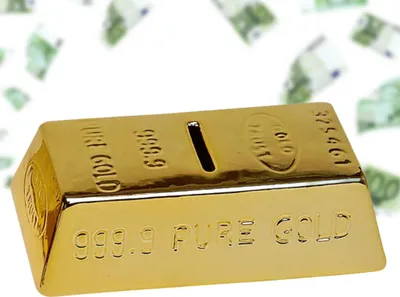 Produktbild von Große Spardose Goldbarren gelb-gold 16 cm mit Schlüssel