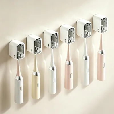 Image de Support mural pour brosses à dents avec couvercle, adhésif, lot de 6, couleur grise