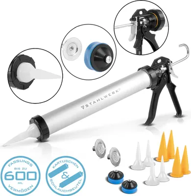 A product shot of a silicone gun and its accessories, presented on a white background with inset close-ups and descriptive text.