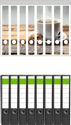 Produktbild von Wallario 8 Stück schmale Ordner inkl. Klebeetiketten mit Motive Heiße Tasse Kaffee mit Kaffeebohnen -  Set mit Rückenschildern / Ordnerrücken Stickern