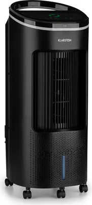 A black air cooler with a water tank is shown.