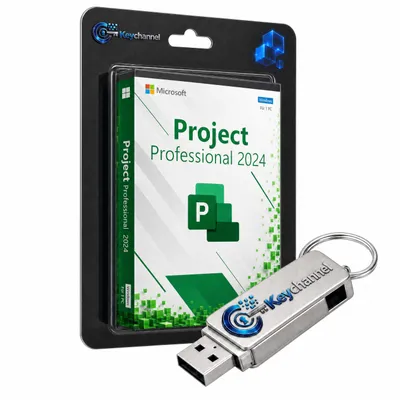 Microsoft Project Professional 2024 Software-Verpackung und ein silberner Keychannel-USB-Stick.