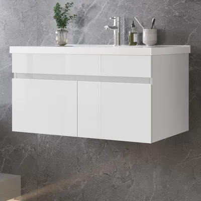 Produktbild von 80cm Keramik Waschtisch mit Unterschrank Badmöbel Set mit Türs Soft-close - Hochglanz Weiß
