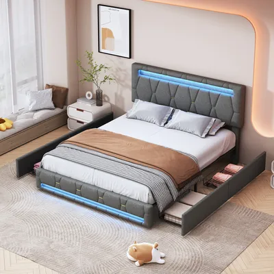 Obrázok produktu pre posteľ 160x200 cm s osvetlením LED a pripojením USB, lamelový rošt, čalúnená posteľ so 4 zásuvkami a veľkým úložným priestorom, sivá