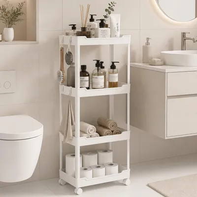 Imagen del producto de Estantería de 4 niveles con 4 ganchos – Organizador que ahorra espacio para cocina, baño y hogar – Con ruedas – Blanco