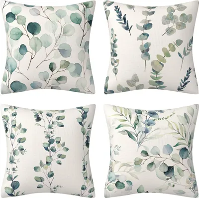 Produktbild von Grün Eukalyptus Blätter Kissenbezüge 45x45 cm 4er Set, Outdoor Kissen Wetterfest, Sofa Dekokissen,Stil B