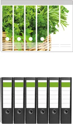 Produktbild von Wallario 6 Stück breite Ordner inkl. Klebeetiketten mit Motive Korb voller Kräuter in der Küche -  Set mit Rückenschildern / Ordnerrücken Stickern