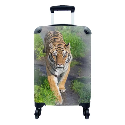 Produktbild von MuchoWow® Koffer Handgepäck Trolley Rollkoffer Kleine Reisekoffer mit 4 Rollen - Tiger - Gras - Tiere - Cabin Size < 55x40x23 cm & 55x40x20 cm - Fotokoffer - Kabinenkoffer - Boardgepäck - Reise-Box - Reisekoffer - Reisegepäck - Koffer mit Bild - Trolley für Kinder