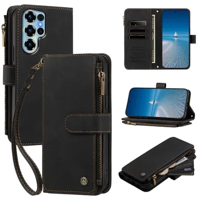 Produktbild von Handyhülle für Doogee Note 56X / Note 56X Pro, Leder Klapphülle mit Kartenfächern, Reißverschlussfach und Handschlaufe Schwarz