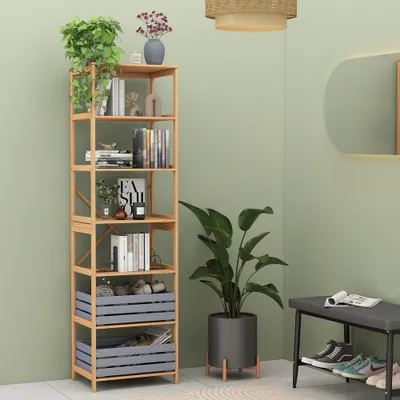 A wooden bookshelf filled with books and decorative items, placed in a room with a green wall and a bench with shoes.
