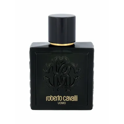 A black bottle of Roberto Cavalli Uomo Eau de Toilette for men.