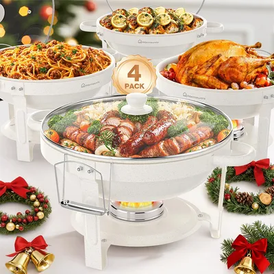 Produktbild von WARMOUNTS 4er-Set weiße Chafing Dishes für Buffets mit Glasdeckel (5 QT, 2/4er-Pack), Maifanit-beschichtetes rundes Chafing Dish Set