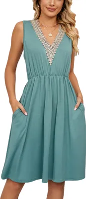 Produktbild von ASKSA Damen Kleider Sommer Ärmelloses V-Ausschnitt Kleid mit Taschen Taillenkleid Freizeitkleid, Hellgrün, S