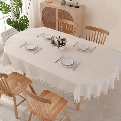 Immagine prodotto di Tovaglia ovale, 140x180 cm, beige, in cotone e lino, con frange, lavabile