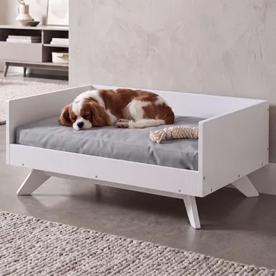 Produktbild von Tierbett MCW-Q64, Haustierbett Katzen-/Hundebett Tierkörbchen Tierliege, Holz MVG 32x72x50cm  weiß, Kissen grau