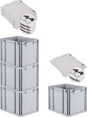 Produktbild von SuperSparSet 4x Eurobox NextGen Economy mit Scharnierdeckel und schwarzen Schiebeschnappverschlüssen | Griffe geschlossen | HxBxT 32x30x40cm | 30 Liter | Eurobehälter, Transportbox, Transportbehälter, Stapelbehälter