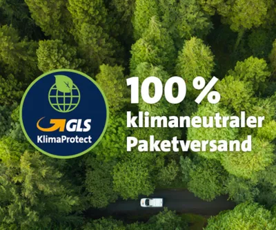 An aerial view of a forest with a road and a car, featuring a logo and text about climate-neutral shipping.