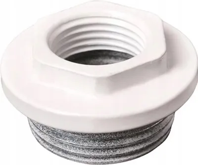 A close-up studio shot of a white and gray threaded adapter.