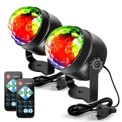 Zdjęcie produktu dla Oświetlenie imprezowe LED – światła dyskotekowe i stroboskop – sterowane dźwiękiem – pilot zdalnego sterowania – RGB 7 kolorów – zasilanie sieciowe – wtyczka UE