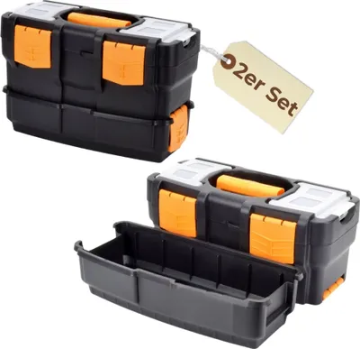 Produktbild von 2er Set Werkzeugkoffer leer doppelt stapelbar 2in1 Werkzeugkasten Werkzeugkiste Werkzeugkästen Kunststoff Angel Box Kiste Haushalt Tool Box Set