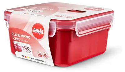 Produktbild von EMSA CLIP & MICRO Mikrowellendosen, Box, Quadratisch, 1,3 l, Rot, Transparent, Kunststoff, Deutschland