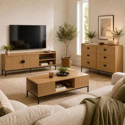 Productafbeelding van Woonkamer set HWC-O39, bestaande uit: TV-meubel, commode en salontafel. Met opbergruimte, lades en gemaakt van melamine MDF, kleur: naturel