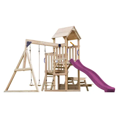 Immagine prodotto di AXI Mette torre da gioco in legno con 2 altalene | casetta da gioco XXL / parco giochi per bambini con tavolo da picnic, sabbiera e scivolo in viola | struttura per altalene