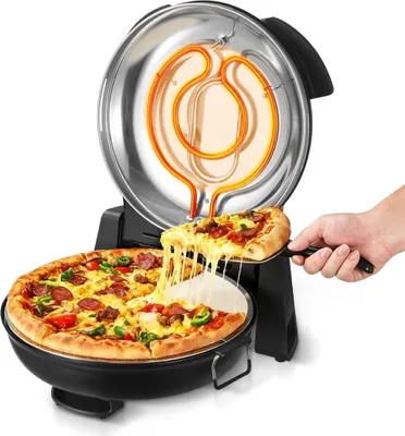 Produktbild von Pizzaofen, 304,8 mm elektrischer Pizzaofen, 1200 W elektrischer Pizzakocher mit Cordieritstein, 5-stufige Temperaturregelung, Sichtfenster für präzises Garen, Heizt auf bis zu 420 °C, für zu Hause (schwarz)