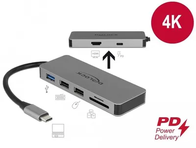 Produktbild von DeLOCK 87743, USB 3.2 Gen 1 (3.1 Gen 1) Type-C, 87 W, Grau, MicroSD (TransFlash), MicroSDHC, MicroSDXC, SD, SDHC, SDXC, HDMI, USB 2.0, USB 3.2 Gen 1 (3.1 Gen 1) Type-A, USB 3.2 Gen 1 (3.1 Gen 1) Type-C, Metall