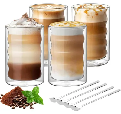 Productafbeelding van Set van 4 latte macchiato glazen, elk 400 ml, dubbelwandig, met 4 lepels, gemaakt van borosilicaatglas