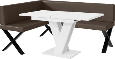 Produktbild von MEBLINI Eckbank für Esszimmer mit ausziehbarem Tisch  - Küchenbank - Essecke - Sitzecke Küche - ERIC - X-Beine 128x168x87cm Links - Braun Kunstleder/M Weiß Matt