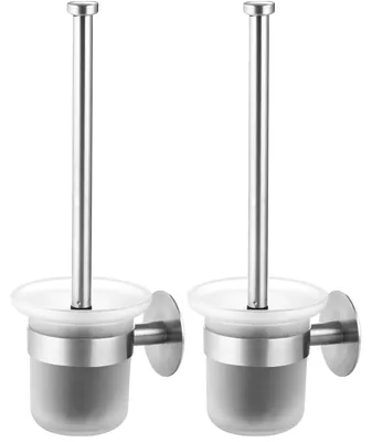 Image de Brosse de toilettes murale – sans perçage, avec support, en acier inoxydable et verre, porte-brosse de toilettes, ensemble de brosses de toilettes pour salle de bains et WC – 2 pièces
