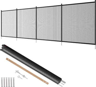 A pool fence and its accessories are displayed against a white background.