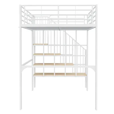 Produktbild von Flieks Hochbett 140x200cm mit Treppe, Etagenbett Kinderbett mit Rausfallschutz, Stockbett Metallbett mit Lattenrost, Doppelbett Kinder, Weiß