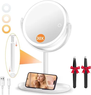 Immagine prodotto di Specchio ingrandente 30x con luce - Specchio da trucco ricaricabile da 9" con pinzetta - Specchio con 3 livelli di luminosità regolabile e supporti per telefono
