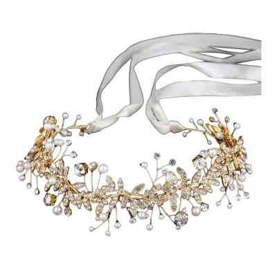 Produktbild von Frauen Retro Strass Blume Blatt Stirnband Faux Perle Band Bogen Haarband Braut Hochzeit Haar Zubehör Goldene