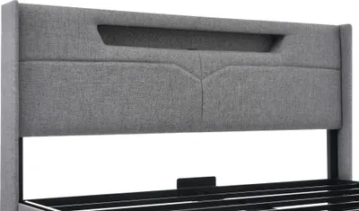 Produktbild von Flieks Polsterbett 140x200 mit USB und Typ C, Boxspringbett mit Lattenrost, Jugendbett mit LED, Hydraulisches Stauraumbett Doppelbett, Leinen, Grau