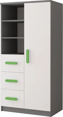 A studio shot of a children's bookshelf with drawers and a door.