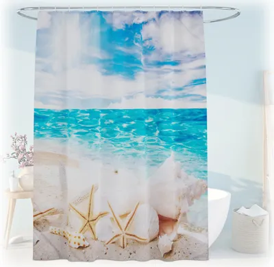 Produktbild von Relaxdays Duschvorhang Muscheln, Bad Vorhang 180x200, Anti-Schimmel, waschbar, 12 Ringe, Badewannenvorhang, mehrfarbig