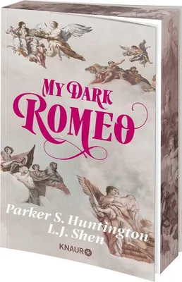 A 3D render of a book cover titled 'My Dark Romeo'. The cover features a painting of cherubs and figures in a sky-like background, with the title prominently displayed in pink script.